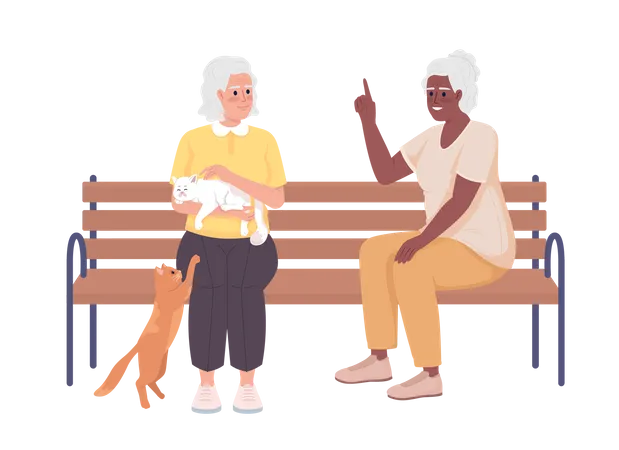 Older women talking and playing with cats Illustration