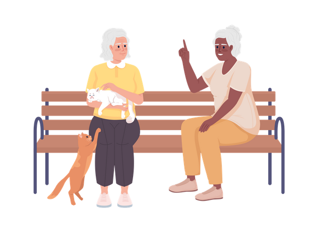 Older women talking and playing with cats  Illustration