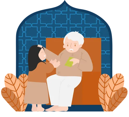 Giving Eid Fitri Present For Grandchild Flat Design Illustration Of Muslim People Illustration