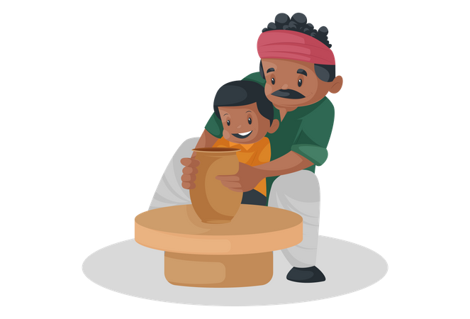 Oleiro indiano está fazendo panela de barro na roda giratória com uma criança  Ilustração