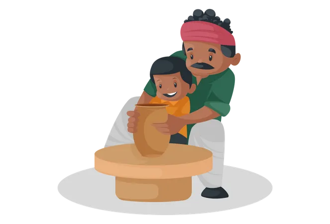 Oleiro indiano está fazendo panela de barro na roda giratória com uma criança  Ilustração