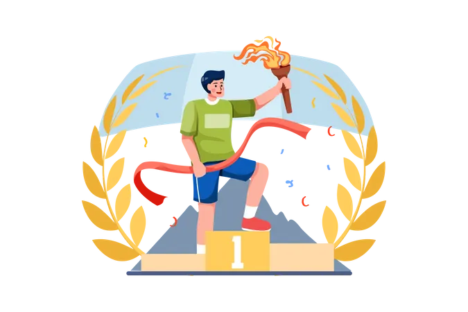 Olympic winner standing on stage with flame  Illustration