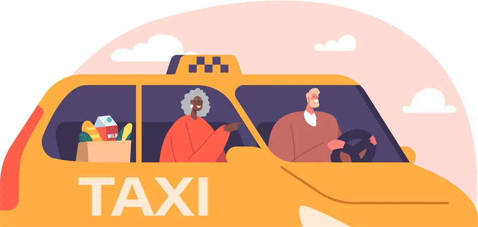 Oma mit Einkaufstüte mit Taxi-Autoservice  Illustration