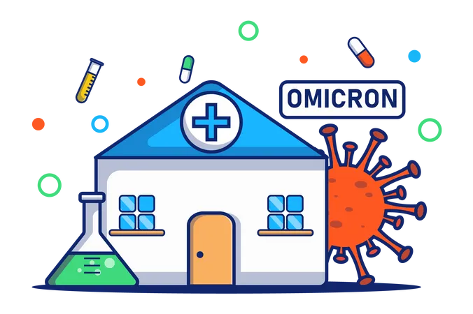 Omicron Virus Concept In Flat Outline Design Coronavirus Disease Outbreak Hospital Or Medical Clinic Laboratory Research Healthcare And Treatment Vector Illustration With Colorful Line Web Scene Illustration