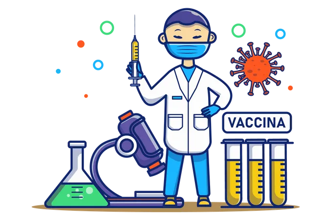 Omicron Virus Concept In Flat Outline Design Coronavirus Disease Outbreak Doctor In Protective Mask Makes Vaccination Huge Microscope In Laboratory Vector Illustration With Colorful Line Web Scene Illustration