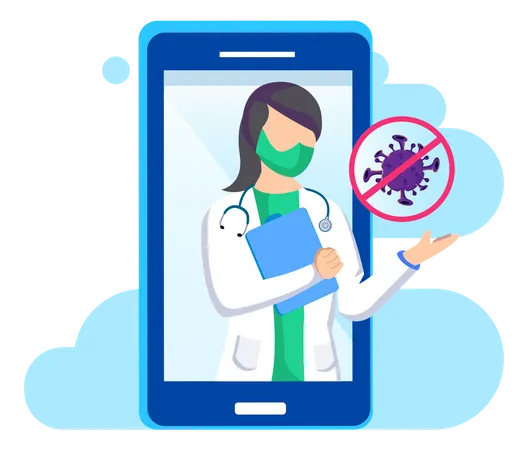 Medico On Line Educa Um Aviso De Virus Corona Pandemico Com Mascara Medica Para Proteger Vetor Plano De Ilustracao Do Site Da Pagina De Destino Ilustração