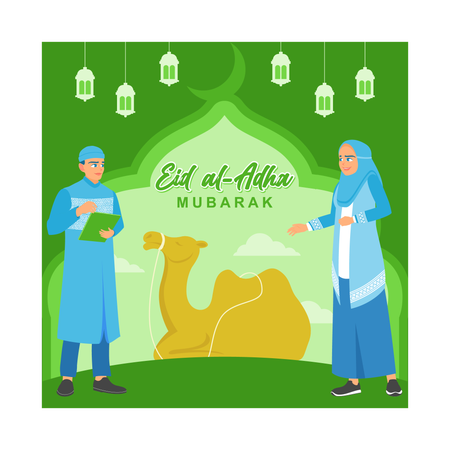 On the Eid al-Adha holiday woman sacrifices camel  Illustration