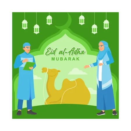 On the Eid al-Adha holiday woman sacrifices camel  Illustration