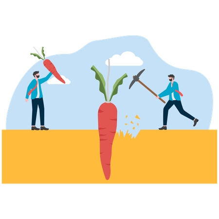 One businessman harvests big radishes and another businessman harvests small radishes  Illustration