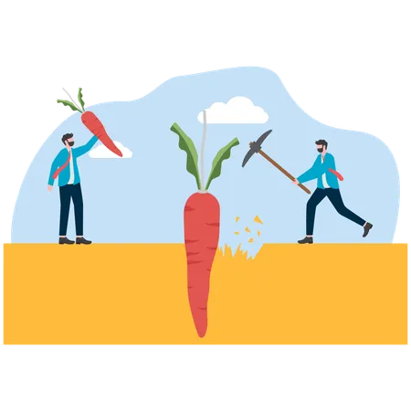 One businessman harvests big radishes and another businessman harvests small radishes  Illustration