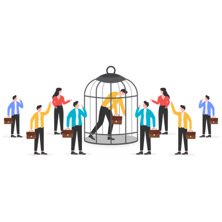 One businessman locked in cage while other businessmen walking normally without restraint  Illustration