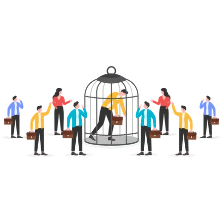 One businessman locked in cage while other businessmen walking normally without restraint  Illustration