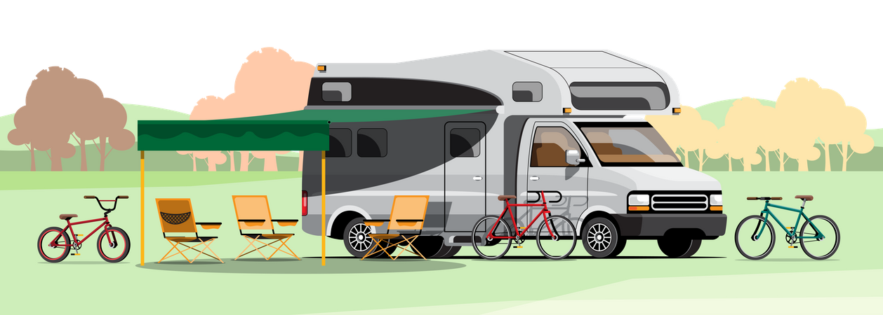 One family went on a bicycle tour when he used a van to carry several bikes so everyone could have a bike to ride  일러스트레이션