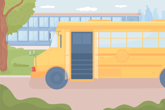 Ônibus escolar esperando perto da escola  Ilustração