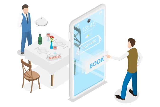3 D Isometrisches Flachvektorkonzept App Zur Online Essensbestellung In Restaurants Und Cafes Online Tischreservierung Mobile Buchung Illustration