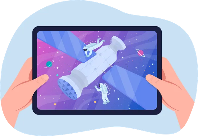 Watching Science Fiction Film 2 D Vector Isolated Illustration Recording Of Satellite In Outer Space Space Exploration Holding Tablet Flat First View Hands On Cartoon Background Colourful Scene Illustration
