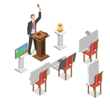 Online Auction Isometric Flat Vector Concept Auctioneer Conducts An Auction Announcing The Lots And Controlling The Bidding Instead Of Purchasers On The Chairs Are Smart Phones Laptop And Pc Monitor Illustration