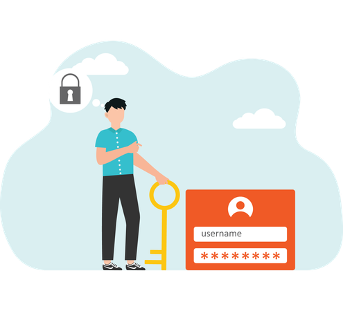 Online authentication  secure data privacy account protection and security strong password for cyber security app login password unlock, businessman with golden key knows login password  Illustration