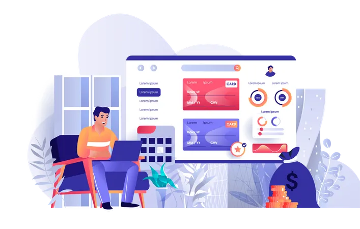 Online Banking Scene Man Conducts Transactions Through Website On Laptop Online Payment Personal Financial Account Credit Cards Concept Vector Illustration Of People Characters In Flat Design Illustration