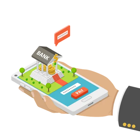 Online Banking Flat Isometric Vector Concept Hand Is Holding A Smartphone With A Bank Building On It The User Is Performing A Secure Payment By Entering A Security Code Illustration