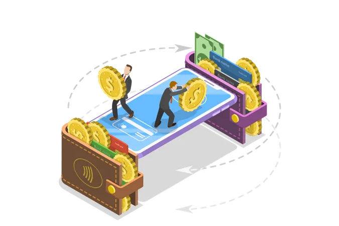 Isometric Flat Vector Concept Of Mobile Wallet Money Transfer Online Banking Financial Transaction Illustration
