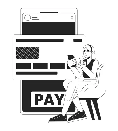 Online Banking Bw Concept Vector Spot Illustration Woman Paying For Purchases By Credit Card 2 D Cartoon Flat Line Monochromatic Character For Web UI Design Editable Isolated Outline Hero Image Illustration