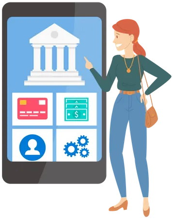 Online Banking Application On Phone Screen Woman Uses Program For Virtual Payment And Operations With Money Lady Pays With Smartphone App For Contactless Transactions Business Website Template Illustration
