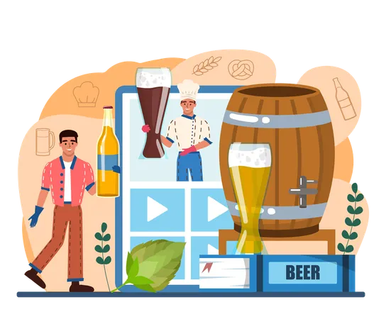 Beer Concept Online Service Or Platform Glass Mug With Dark Or Light Filtered Or Infiltered Alcohol Drink Bar Or Pub Menu Video Blog Flat Vector Illustration 일러스트레이션