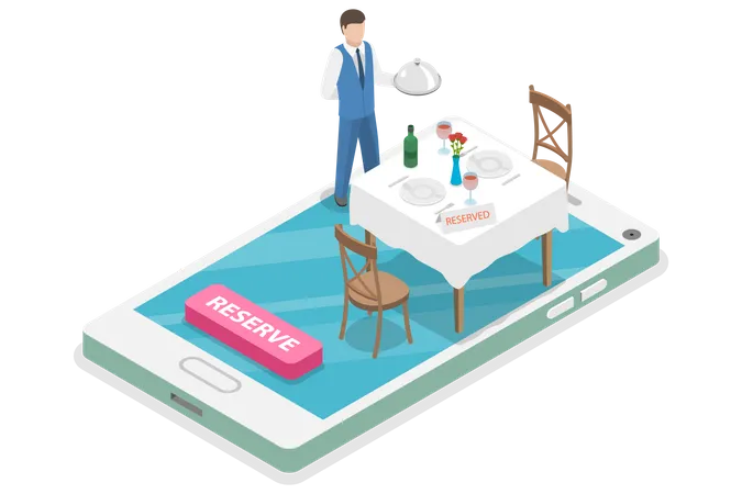 Flat Isometric Vector Concept Of Table Online Reservation Mobile Booking Illustration