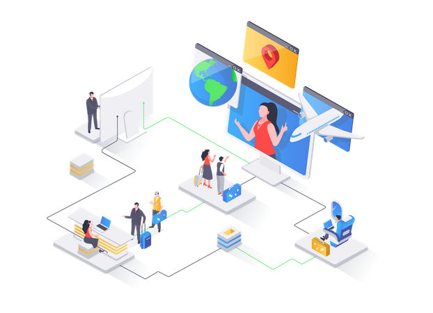 Online booking service, comfortable air transportation, airport boarding isometry concept  Illustration