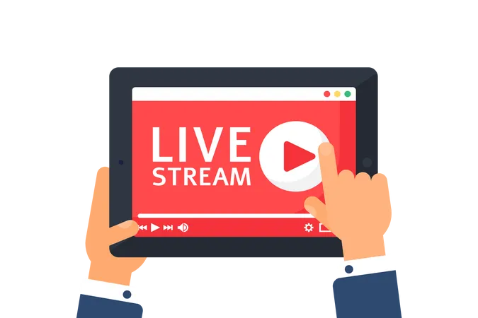 Man Watching Online Broadcast Concept Illustration Live Stream On Screen Top View Tablet In Hands Semi Flat Cartoon Drawing Vector Isolated Color Icon Illustration
