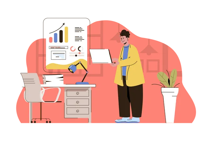 Business Strategy Concept Employee Analyzes Data And Develops Strategy Situation Project Growth Planning People Scene Vector Illustration With Flat Character Design For Website And Mobile Site Illustration