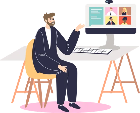 Businessman Having Video Meeting With Colleagues Or Partners Online Business Man During Conference Call In Office Sitting At Desktop Computer Flat Vector Illustration Illustration