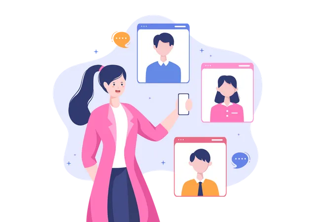 Conference Video Call By Remote Communication With Online Friends Using A Smartphone Or Computer Via A Webcam For Working From Home In Flat Style Cartoon Illustration Illustration