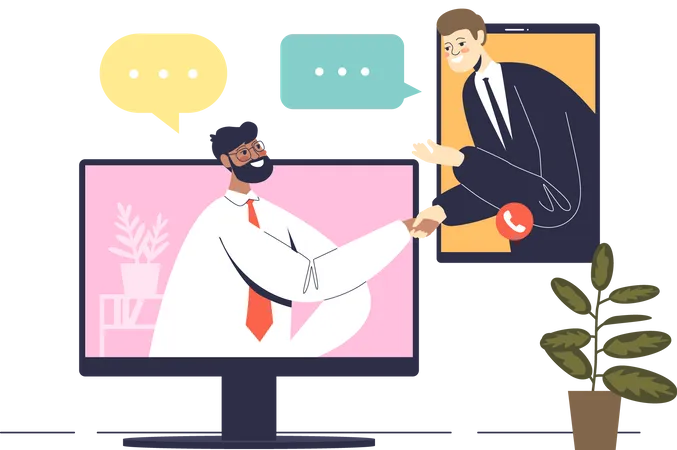 Two Businessmen Shaking Hands From Laptop And Smartphone During Online Video Conference Meeting Working Remotely And Web Negotiations Calls Concept Cartoon Flat Vector Illustration Illustration