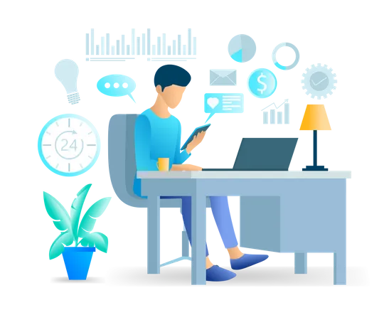 Flat Illustration Of A Man In Front Of Laptop Holding Smart Phone Illustration