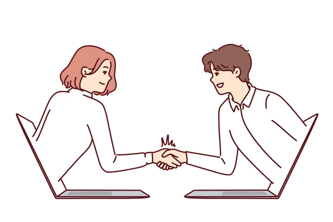 Handshake Of Business People Leaning Out Of Laptop And Making Remote Negotiations Via Internet Connection Handshake Of Man And Woman Working In Large Corporation And Making Video Call Illustration
