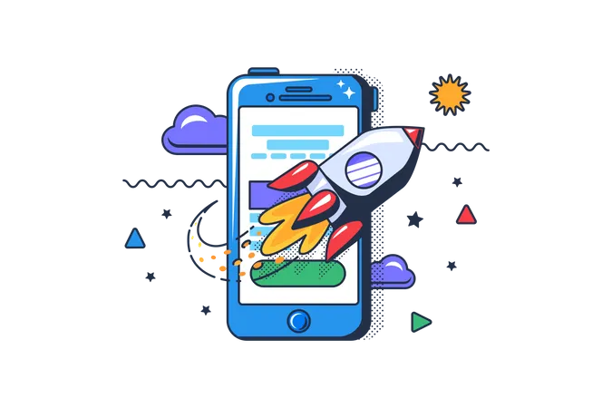 Online Business Launch With Mobile App And Rocket Concept Illustration
