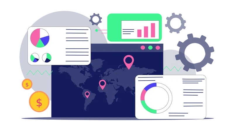 Online business location with financial analysis  Illustration