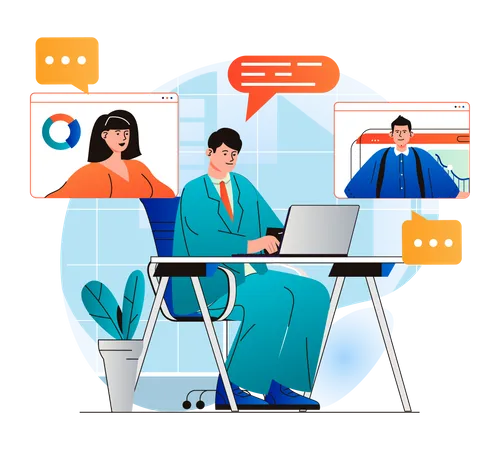 Video Conference Concept In Modern Flat Design Colleagues Communicate Remotely Using Group Video Call At Different Screens Employees Discussing Tasks At Online Business Meeting Vector Illustration Illustration