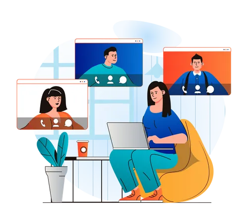 Video Chatting Concept In Modern Flat Design Woman Communicate By Group Video Call With Friends Or Family At Different Screens At Home Online Communication And Virtual Meeting Vector Illustration Illustration