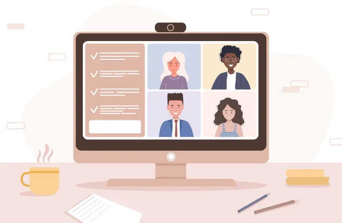 Video Call Conference Working From Home Social Distancing Business Discussion Vector Illustration In Flat Style Illustration