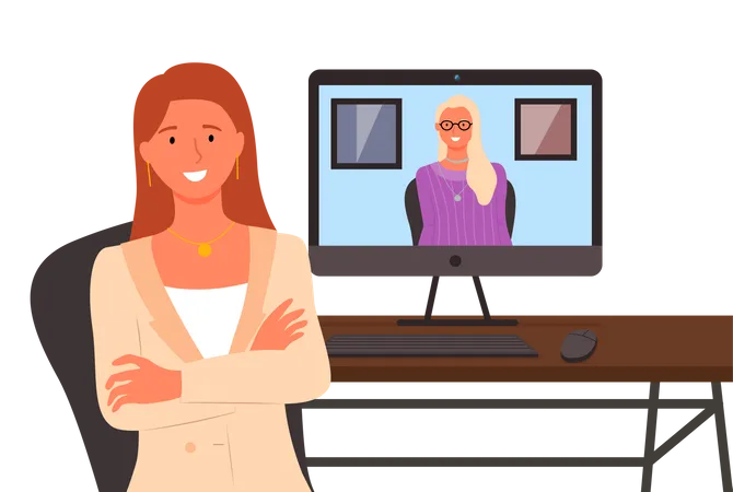 Virtual Meeting On The Internet Female Characters On Computer Screen Work At Home In Quarantine Times Online Communication Redhead Girl Talking To The Girl With Glasses Vector Illustration Illustration