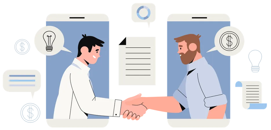 Two Businessman Settle Contract With Signing Up Contract And Handshake New Profitable Project Start Up Sponsored By Investor Busines Concept Of Two Male Characters In Smartphone Making Deal Illustration