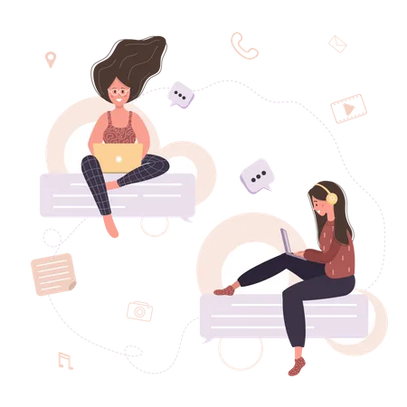 Communication Concept Woman Sitting On Chat Bubbles Girls Taking Part In Business Online Meetings Negotiation Talking To Each Other Modern Vector Illustration In Cartoon Style Illustration