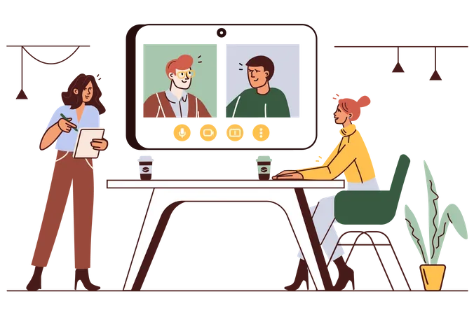 Concept Business Meeting With People Scene In Flat Cartoon Style Woman Met With Her Colleagues On An Online Conference To Discuss Business Matters Vector Illustration Illustration