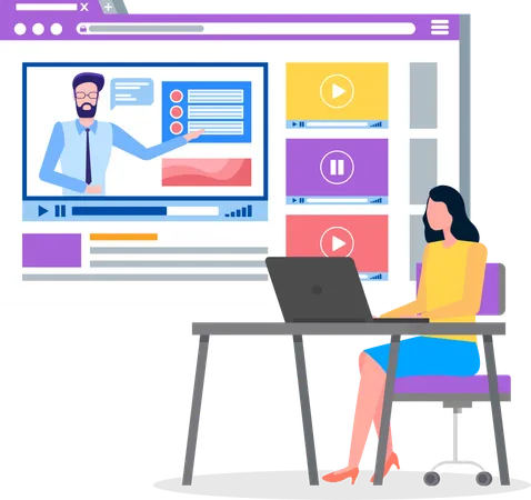 Videoplayer In Social Network Woman Sitting At Table Analysing Video At Website Using Laptop Watching Online Webinar Business Training Live Streaming Using Internet Worker Monitor Competitors Illustration