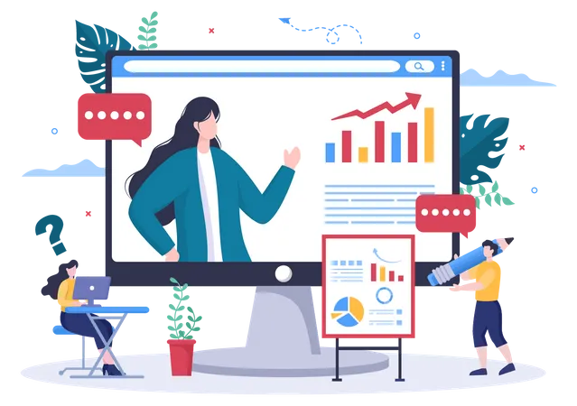 Business Online Training Seminar Or Courses Background Vector Illustration Mentor Doing Presentation About Marketing Sales Report E Commerce For Banner And Landing Page Illustration