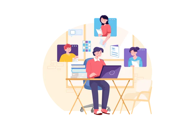 Office Workers Group Video Chat Illustration