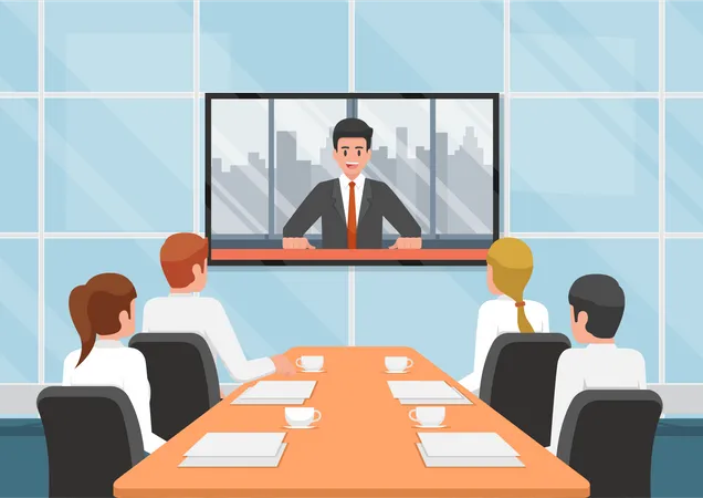 Business People At The Video Conference Call With The Team At Meeting Room Teleconference Concept Illustration